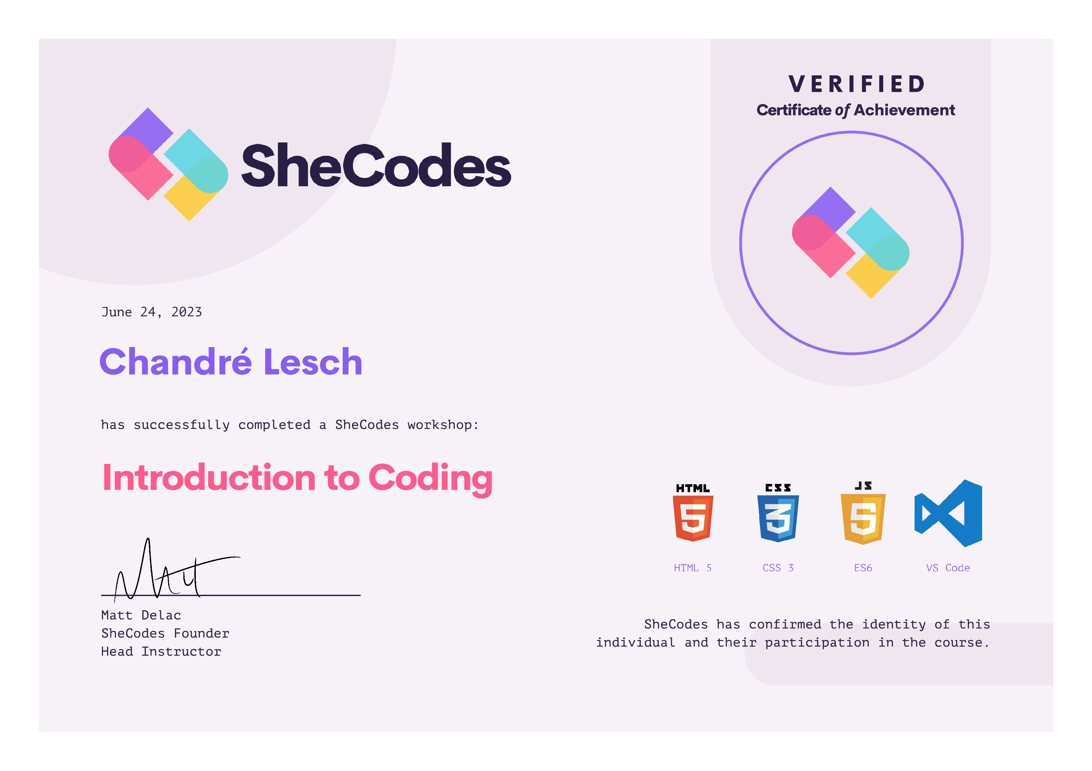 SheCodesIntroduction Certificate